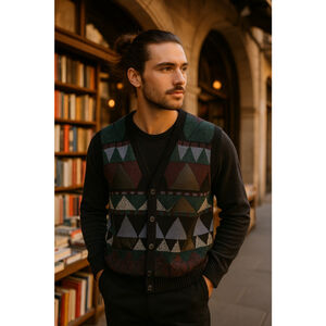 Vintage Impact Geometric Knit Sweater Vest L Leather Trim Korea 90s Heritage